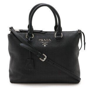 Prada Tote 2-Way Shoulder Bag Leather Nero Black Silver Hardware